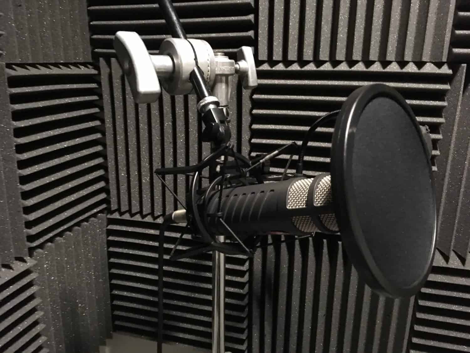 A microphone in a sound booth