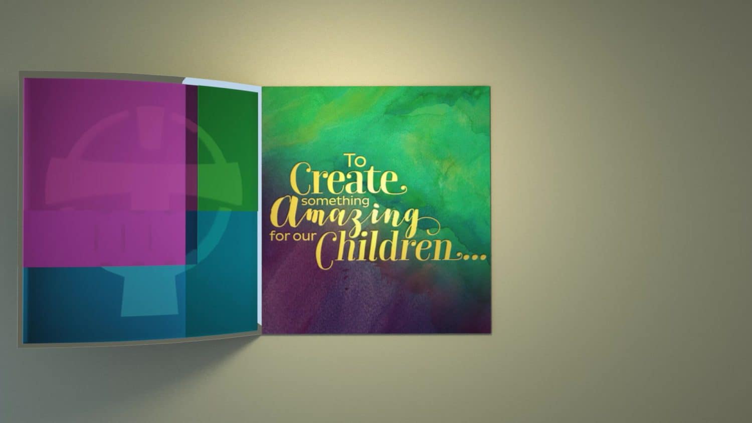A colorful animated story book opens with the our lady of the lake logo and cursive typography in gold