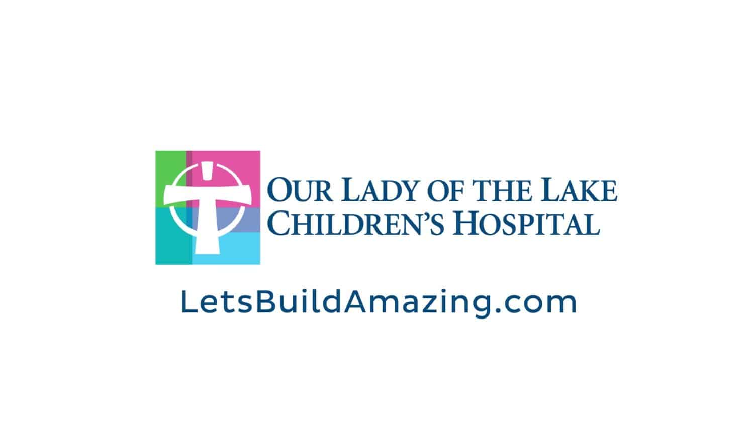 Our Lady of the Lake children's hospital colorful logo on a white backdrop