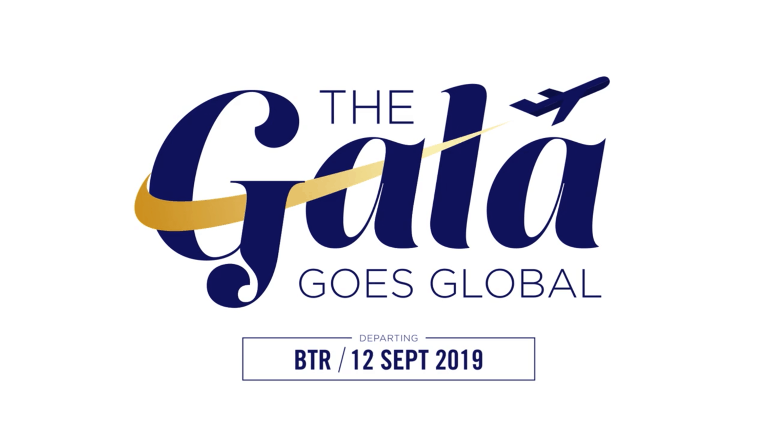 The Gala Goes Global 2019 logo with an airplane